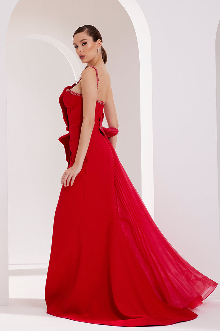 Heart-Shaped Bust Crepe-Organza Dress with Tail