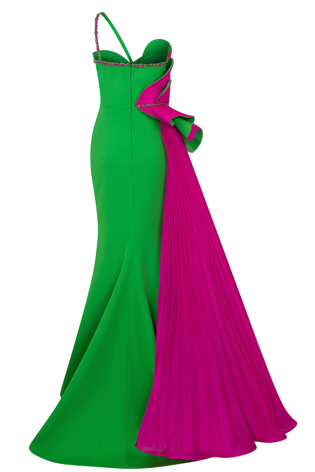 Heart-Shaped Bust Crepe-Organza Dress with Tail