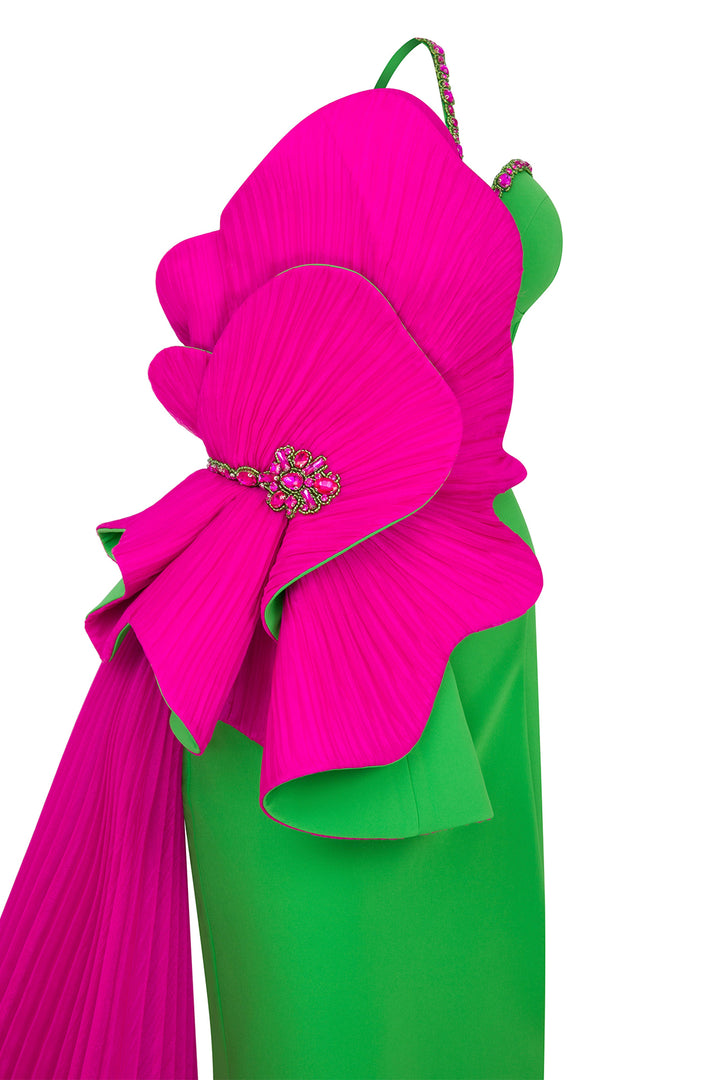 Heart-Shaped Bust Crepe-Organza Dress with Tail