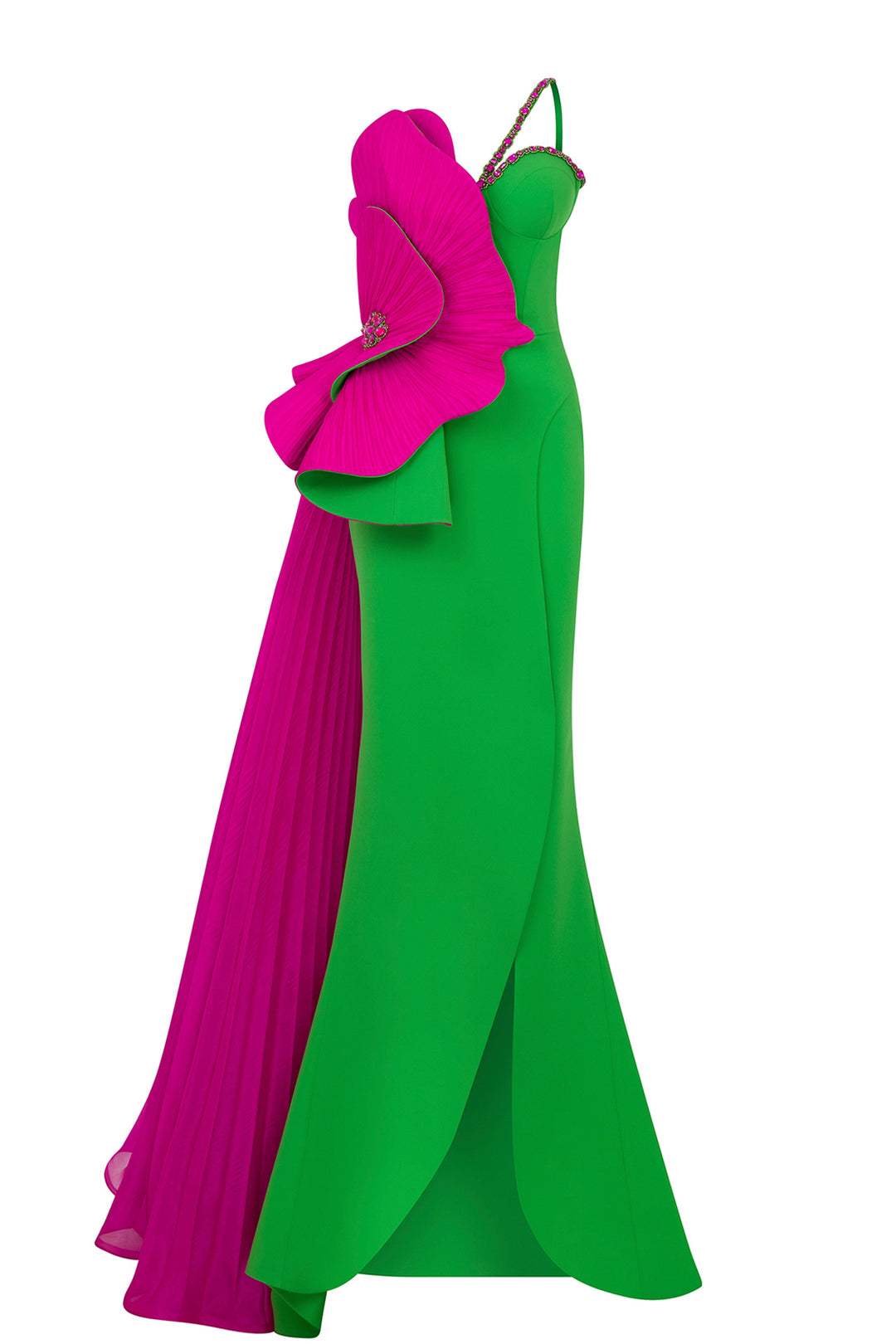 Heart-Shaped Bust Crepe-Organza Dress with Tail