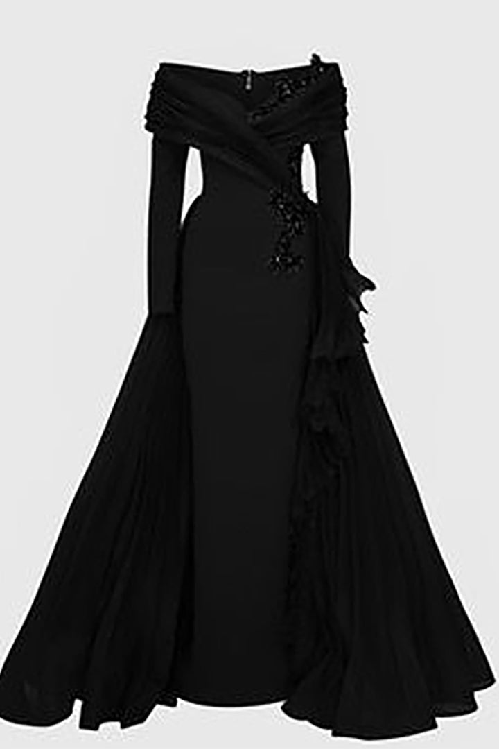 Crepe-Organza Dress Draped Bust And Tail