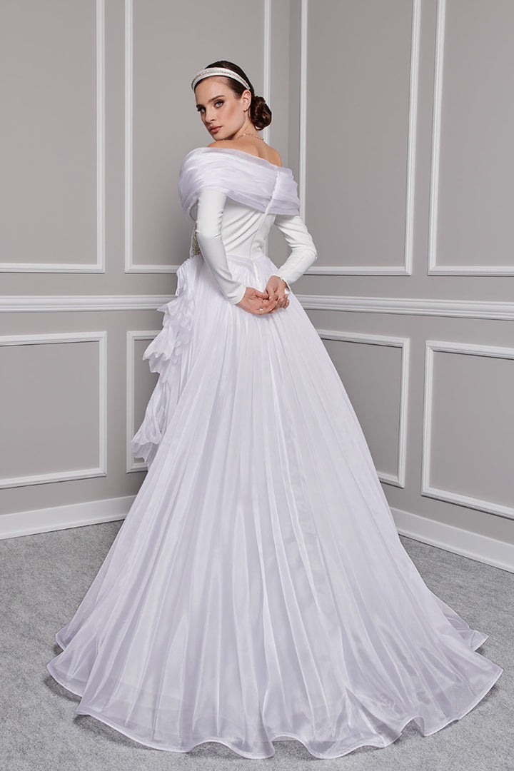 Crepe-Organza Dress Draped Bust And Tail