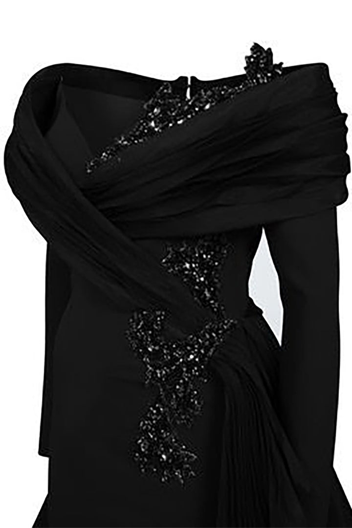 Crepe-Organza Dress Draped Bust And Tail