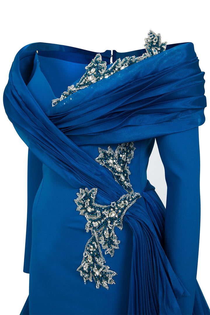 Crepe-Organza Dress Draped Bust And Tail