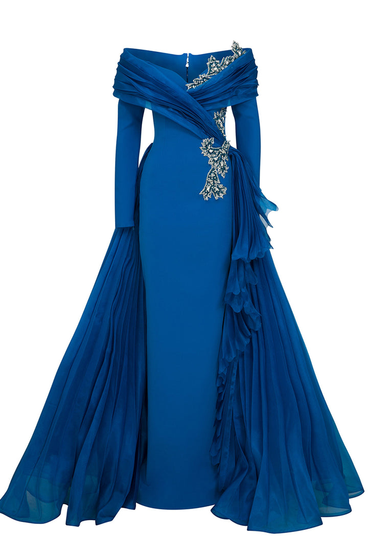 Crepe-Organza Dress Draped Bust And Tail