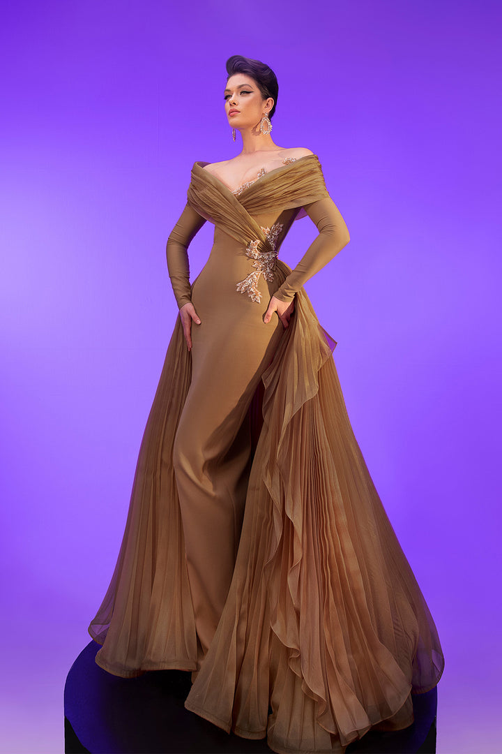Crepe-Organza Dress Draped Bust And Tail
