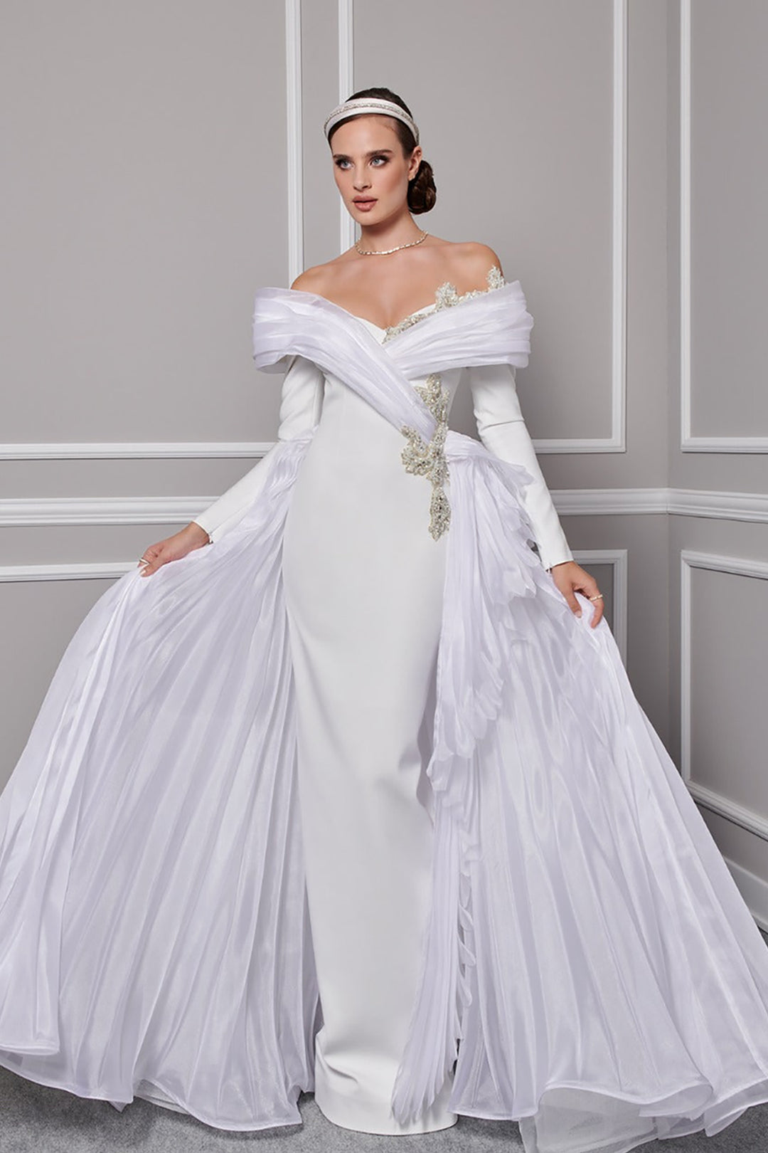 Crepe-Organza Dress Draped Bust And Tail