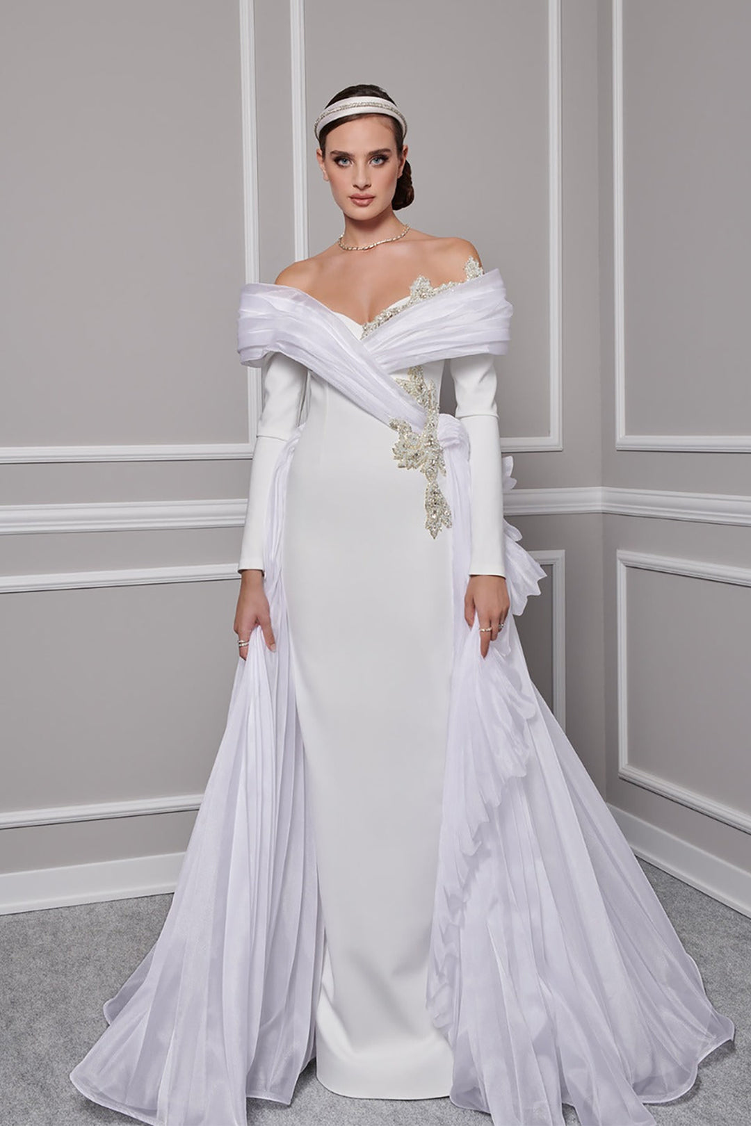 Crepe-Organza Dress Draped Bust And Tail