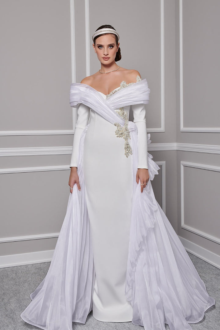 Crepe-Organza Dress Draped Bust And Tail