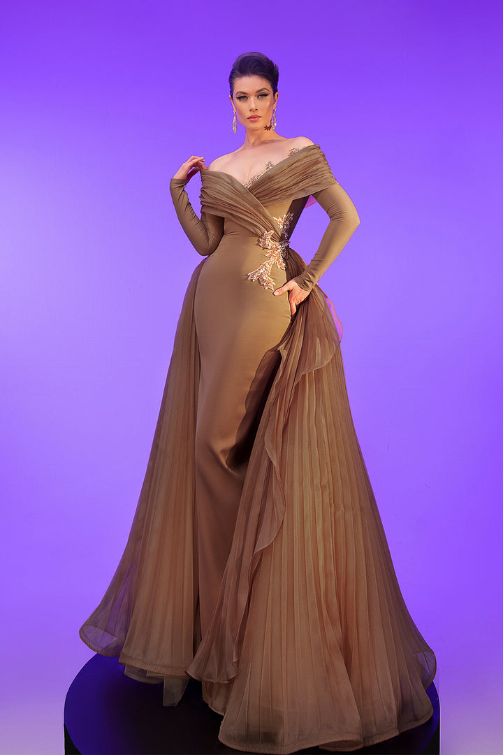 Crepe-Organza Dress Draped Bust And Tail