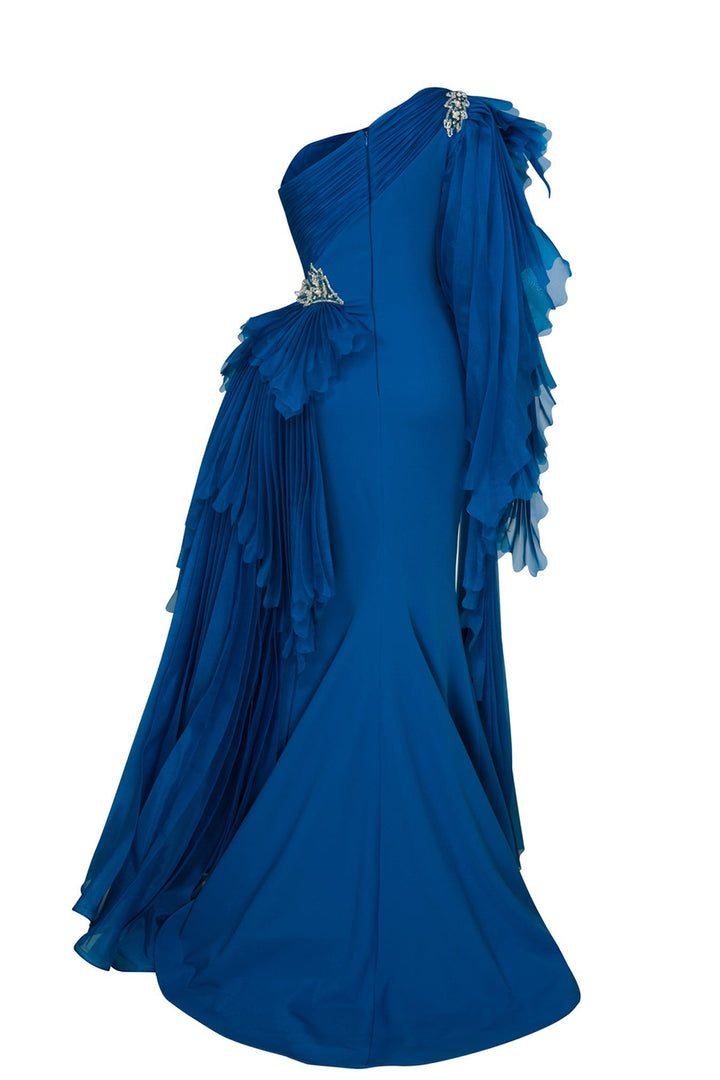Crepe-Organza Dress Draped Bust
