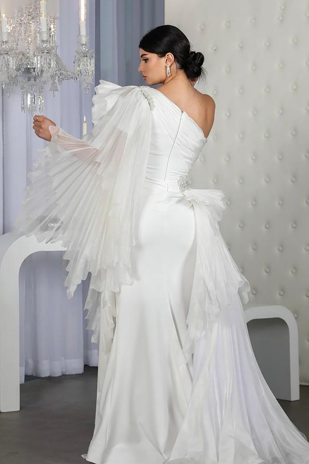 Crepe-Organza Dress Draped Bust