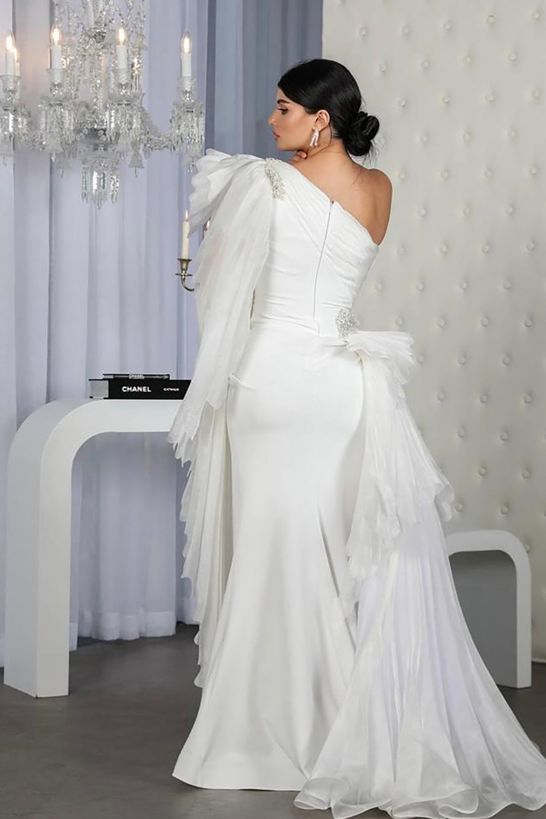 Crepe-Organza Dress Draped Bust