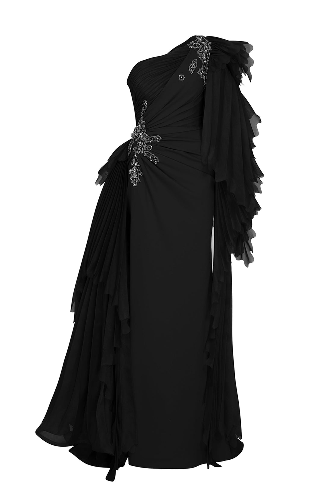 Crepe-Organza Dress Draped Bust