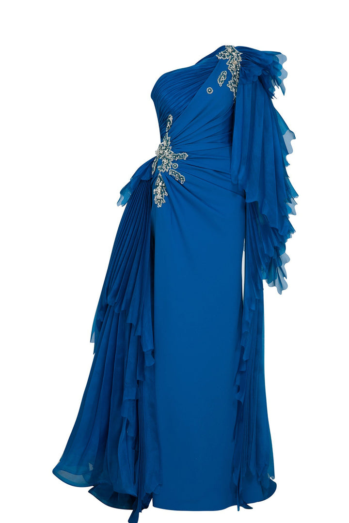 Crepe-Organza Dress Draped Bust