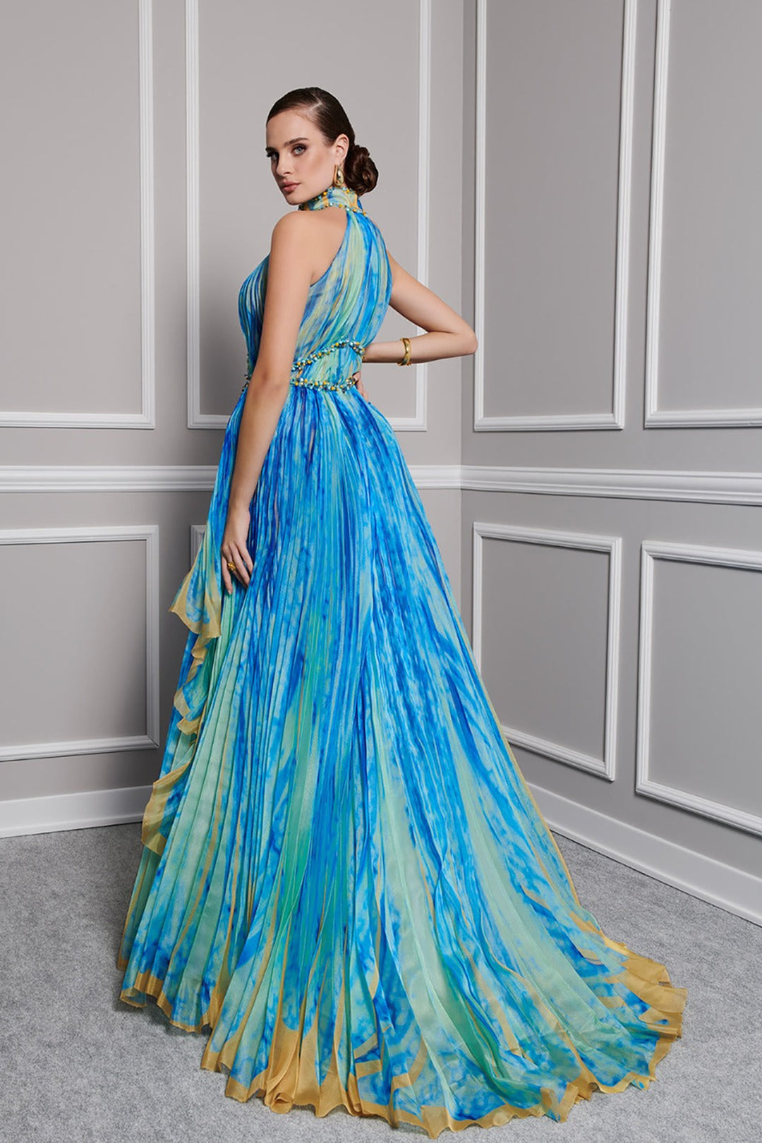 Organza High-Neck A-Line Dress with Embroidery