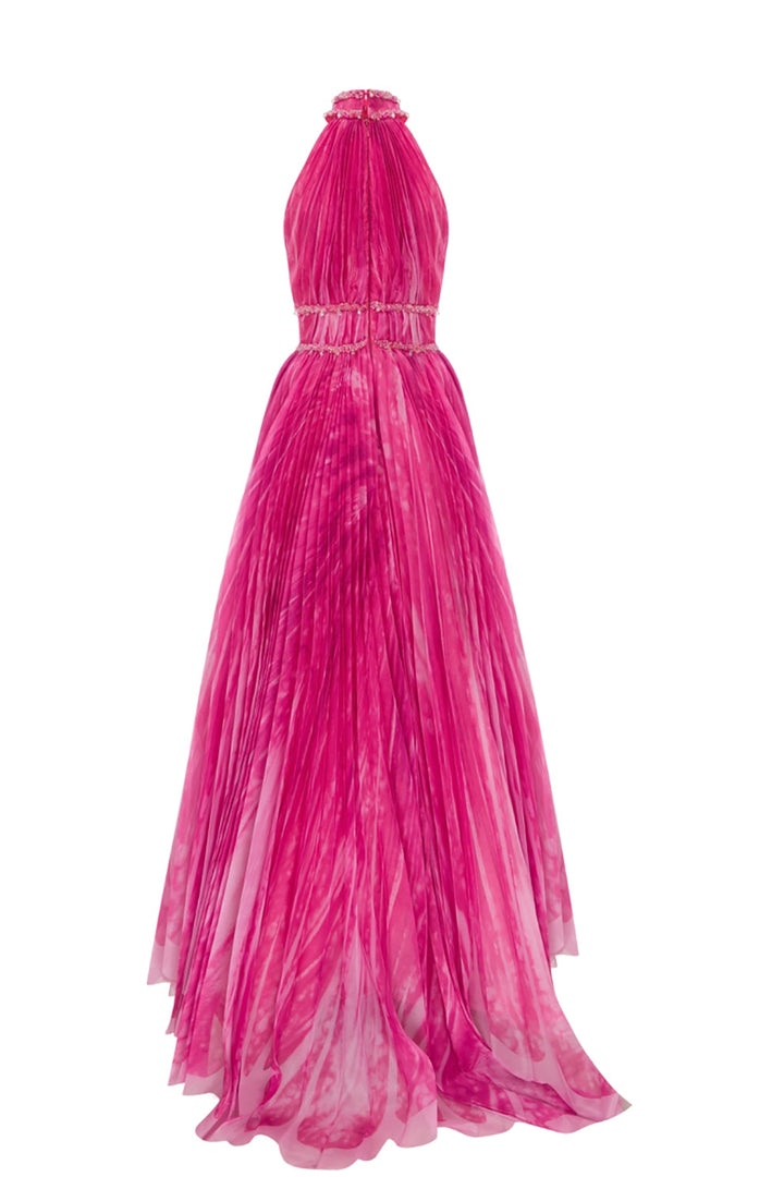 Organza High-Neck A-Line Dress with Embroidery