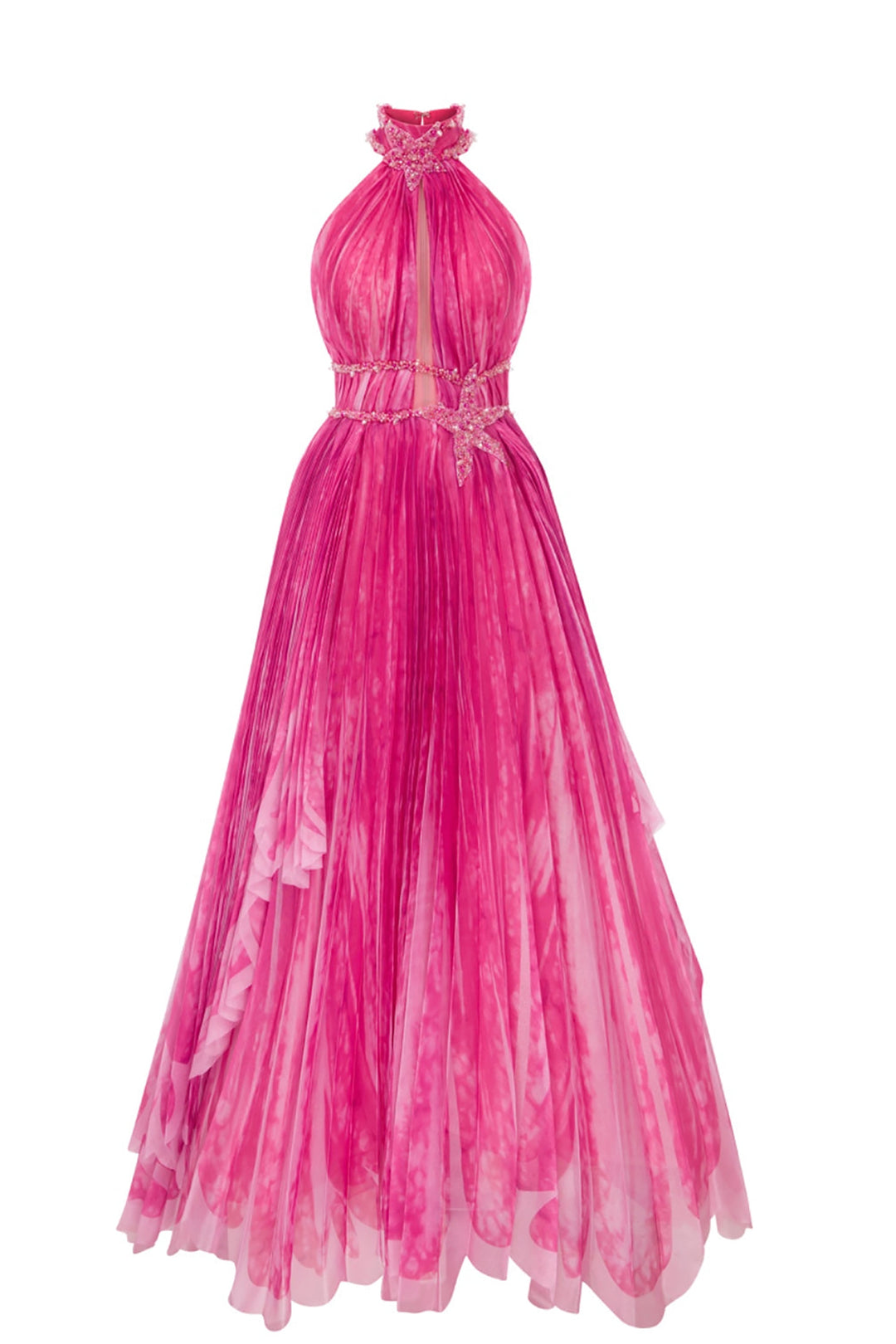 Organza High-Neck A-Line Dress with Embroidery