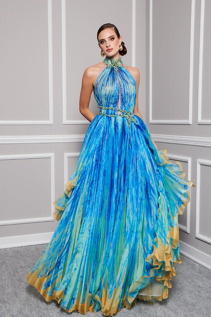 Organza High-Neck A-Line Dress with Embroidery