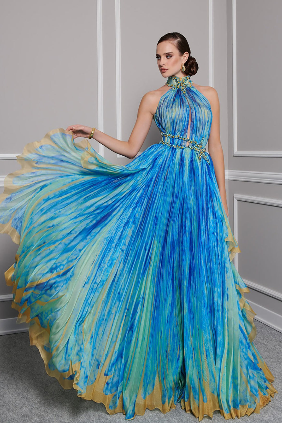 Organza High-Neck A-Line Dress with Embroidery