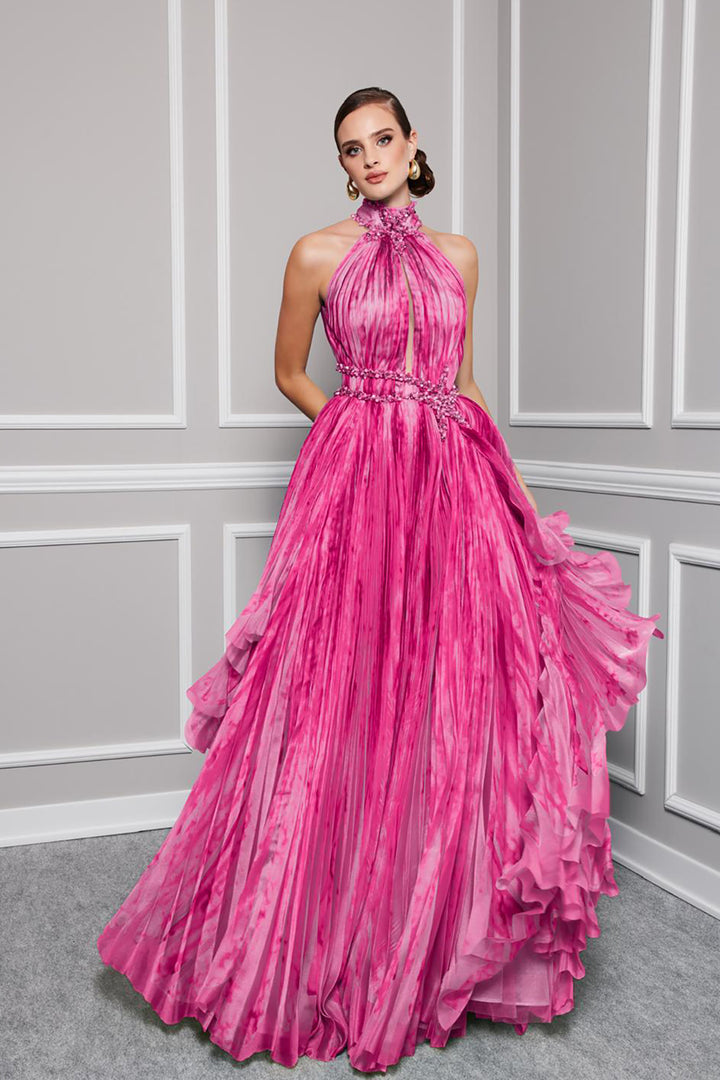 Organza High-Neck A-Line Dress with Embroidery