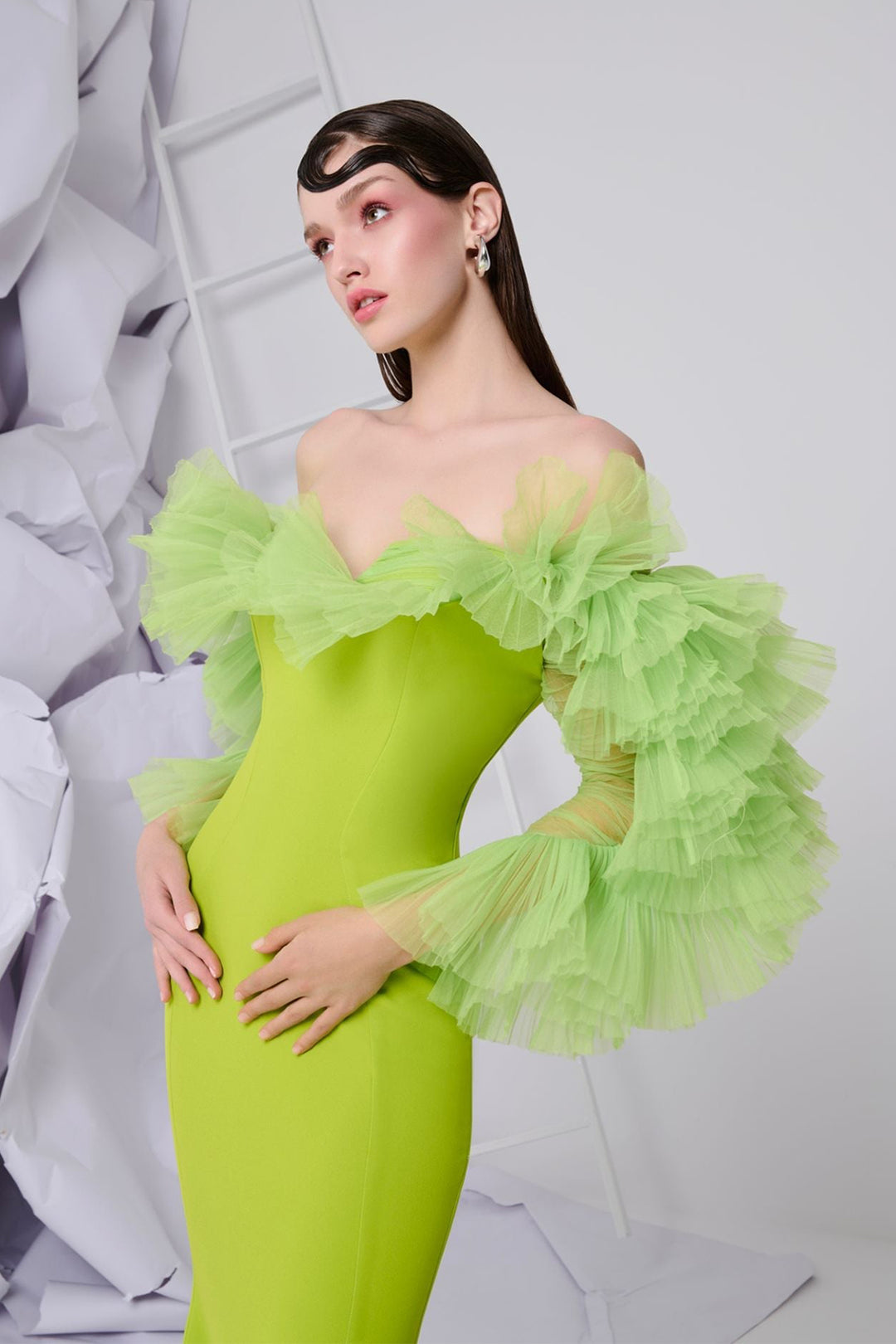 Crepe-Chiffon Mermaid Dress with Draped Embellishments