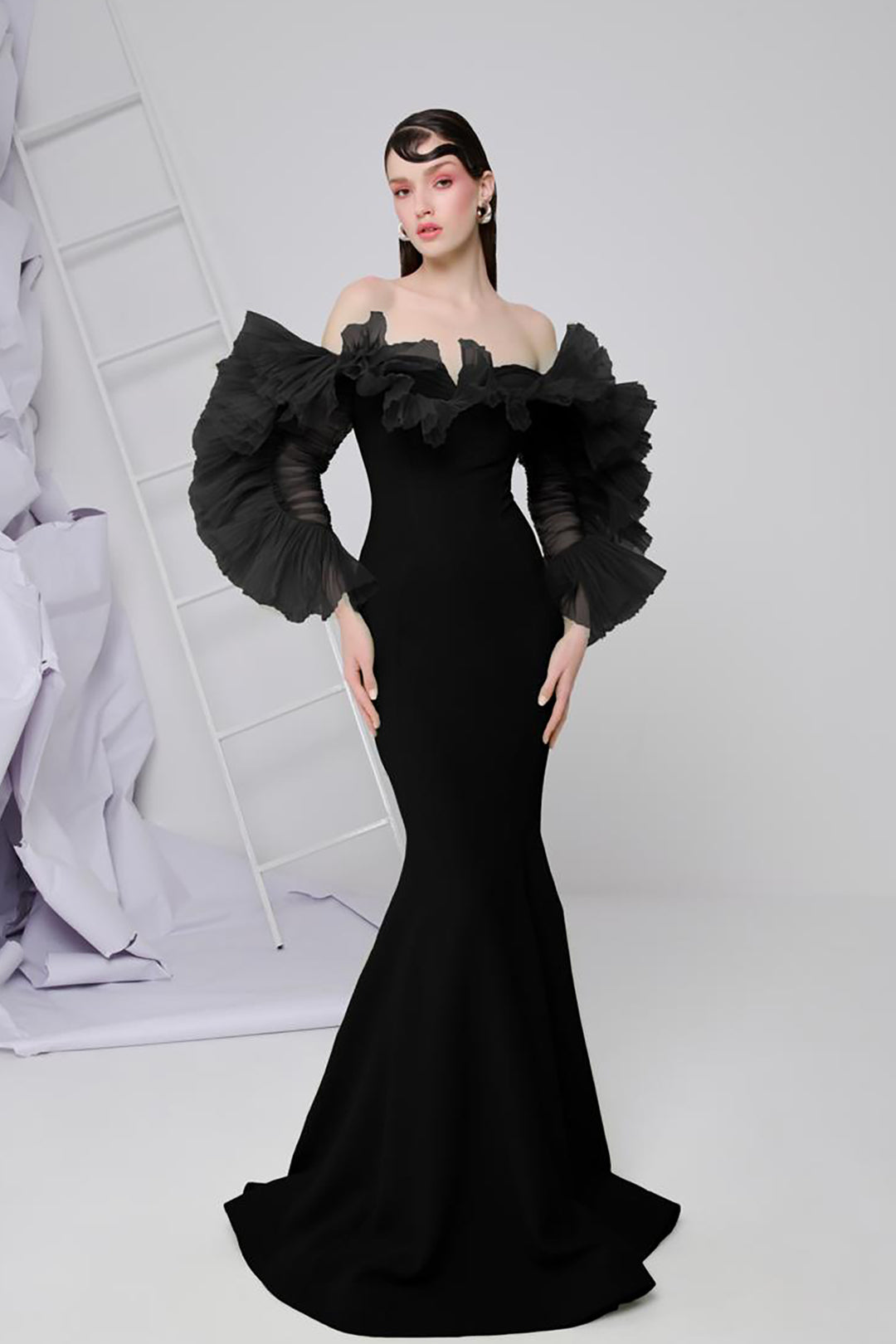 Crepe-Chiffon Mermaid Dress with Draped Embellishments