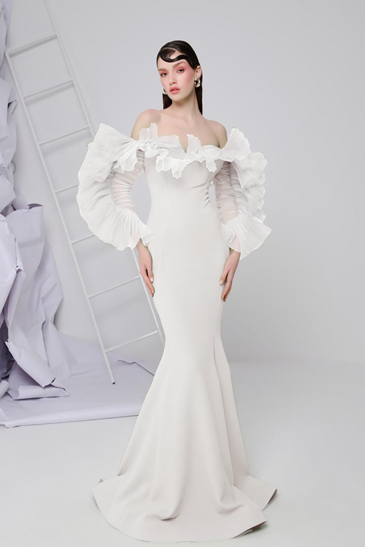 Crepe-Chiffon Mermaid Dress with Draped Embellishments