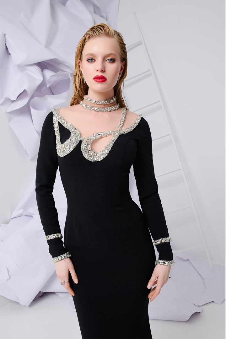 Asymmetrical Crepe Dress with Tassels