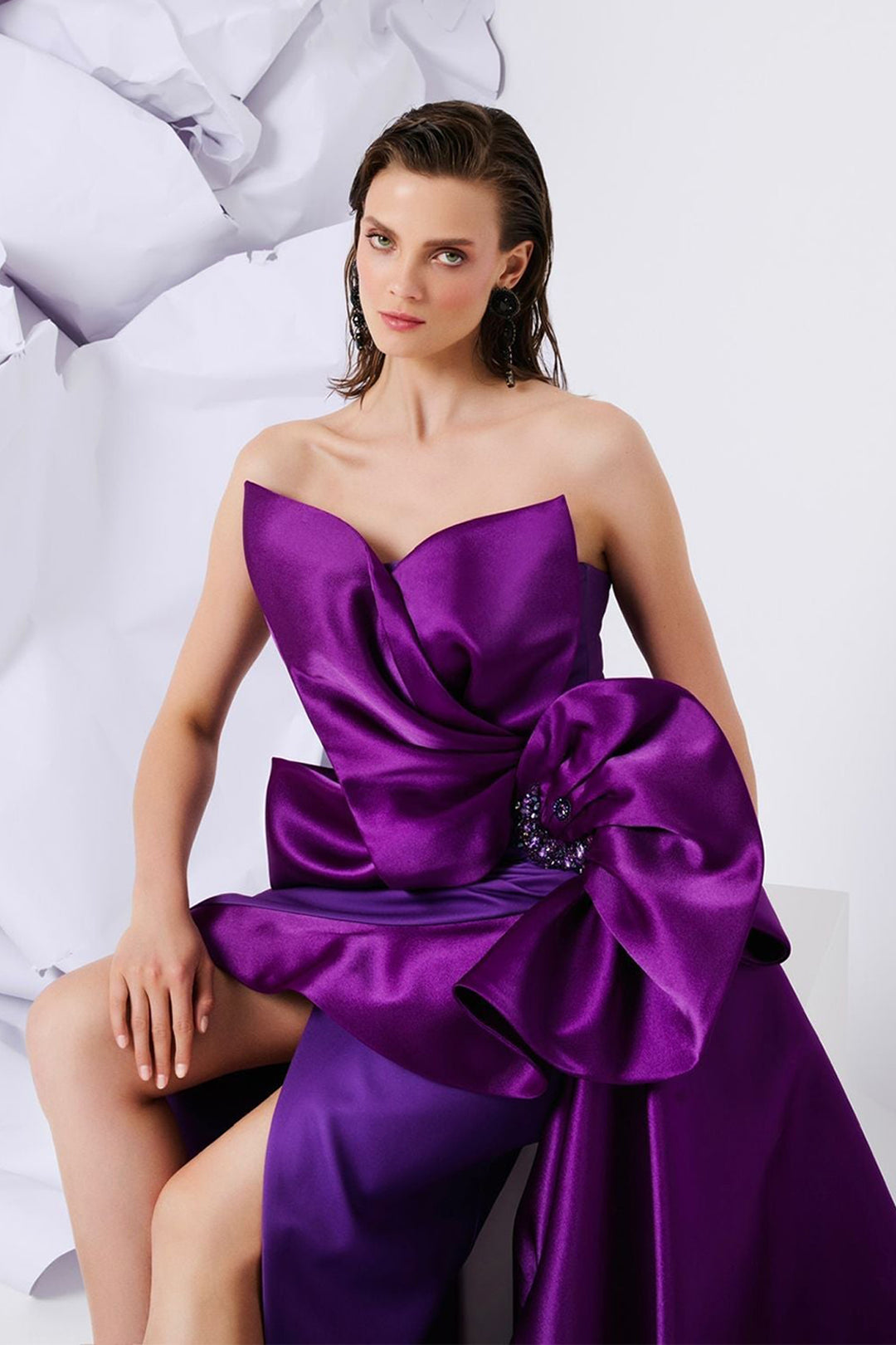 Crepe Brocard Dress with Draped Bust