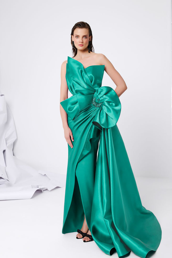 Crepe Brocard Dress with Draped Bust