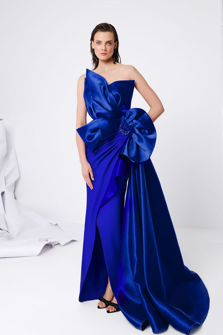 Crepe Brocard Dress with Draped Bust