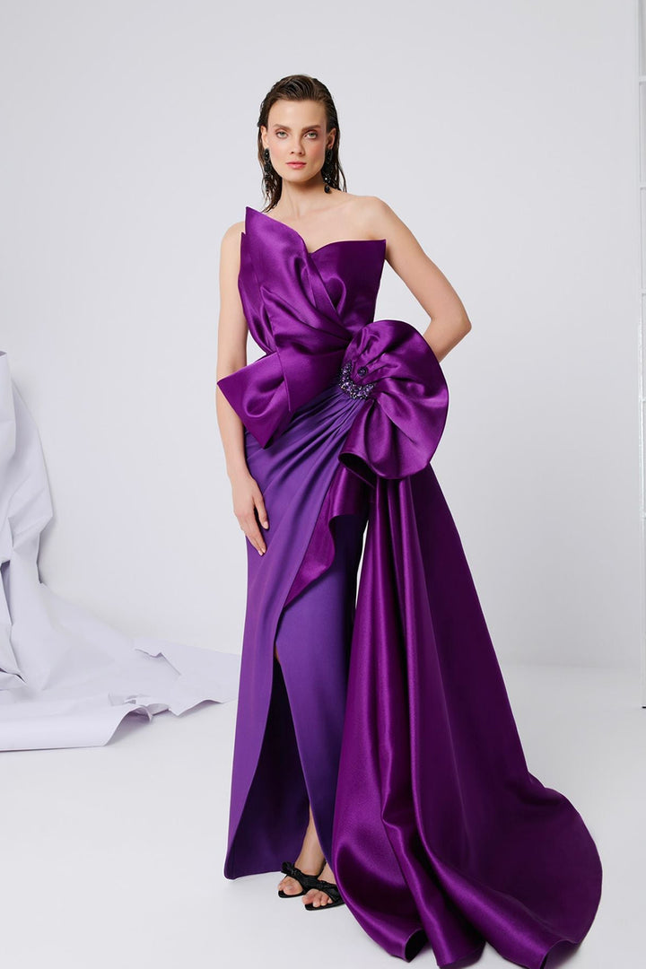 Crepe Brocard Dress with Draped Bust