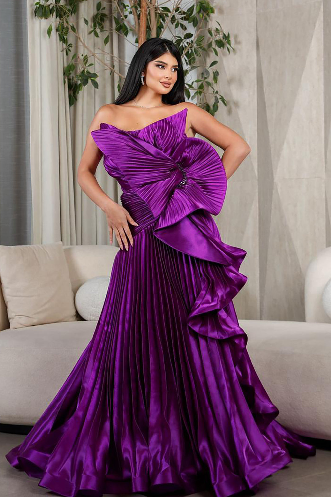 Plissé-Plume Purple Organza Dress