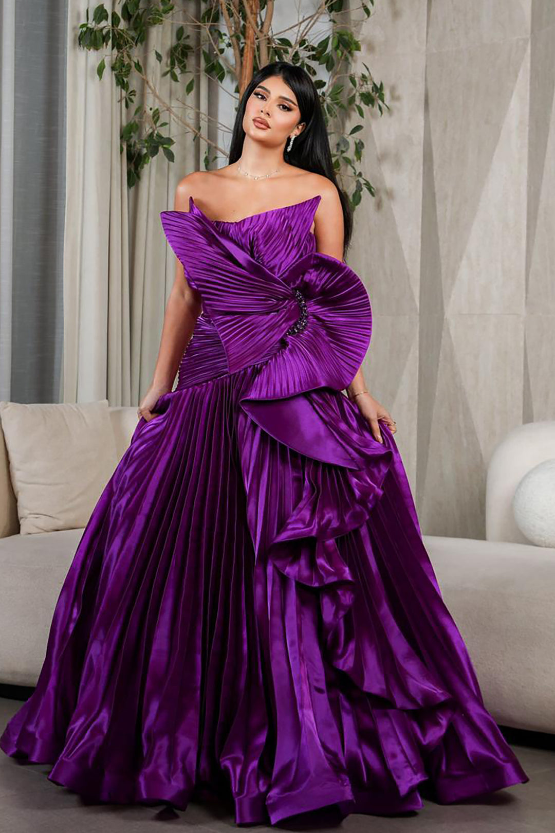 Plissé-Plume Purple Organza Dress