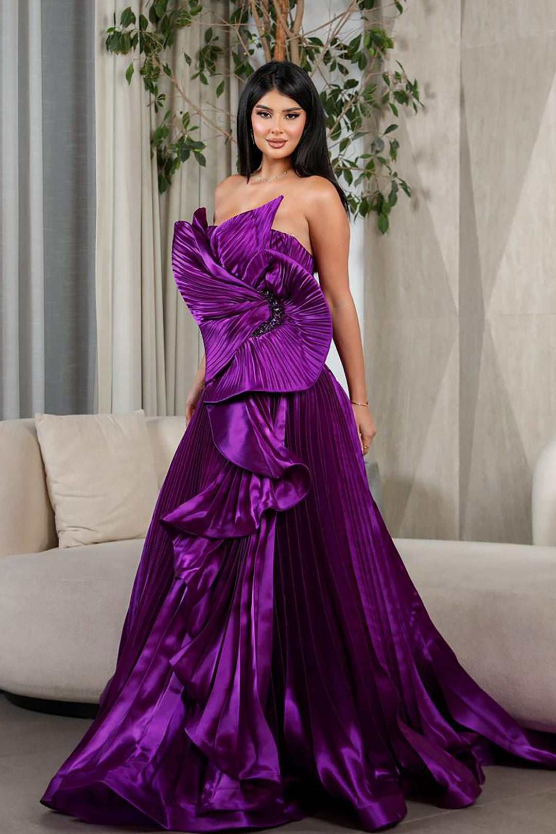 Plissé-Plume Purple Organza Dress