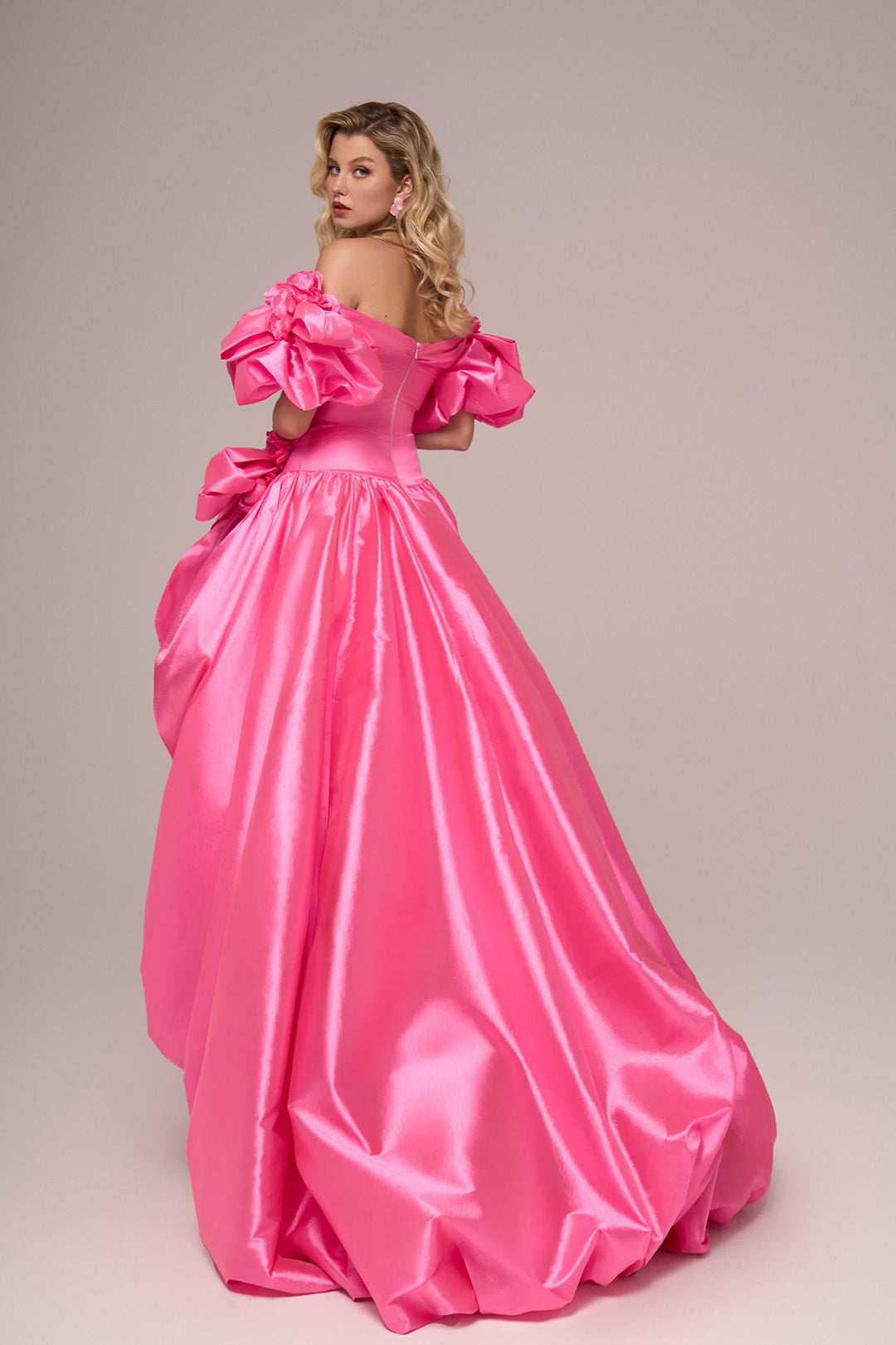 Curved-Shoulder Satin A-Line Dress