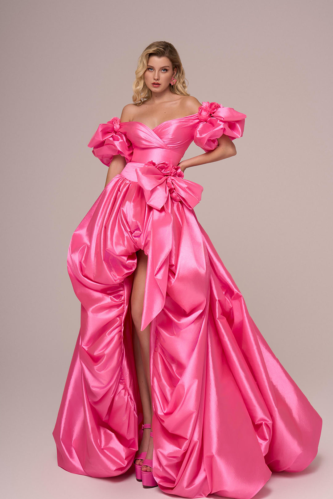 Curved-Shoulder Satin A-Line Dress