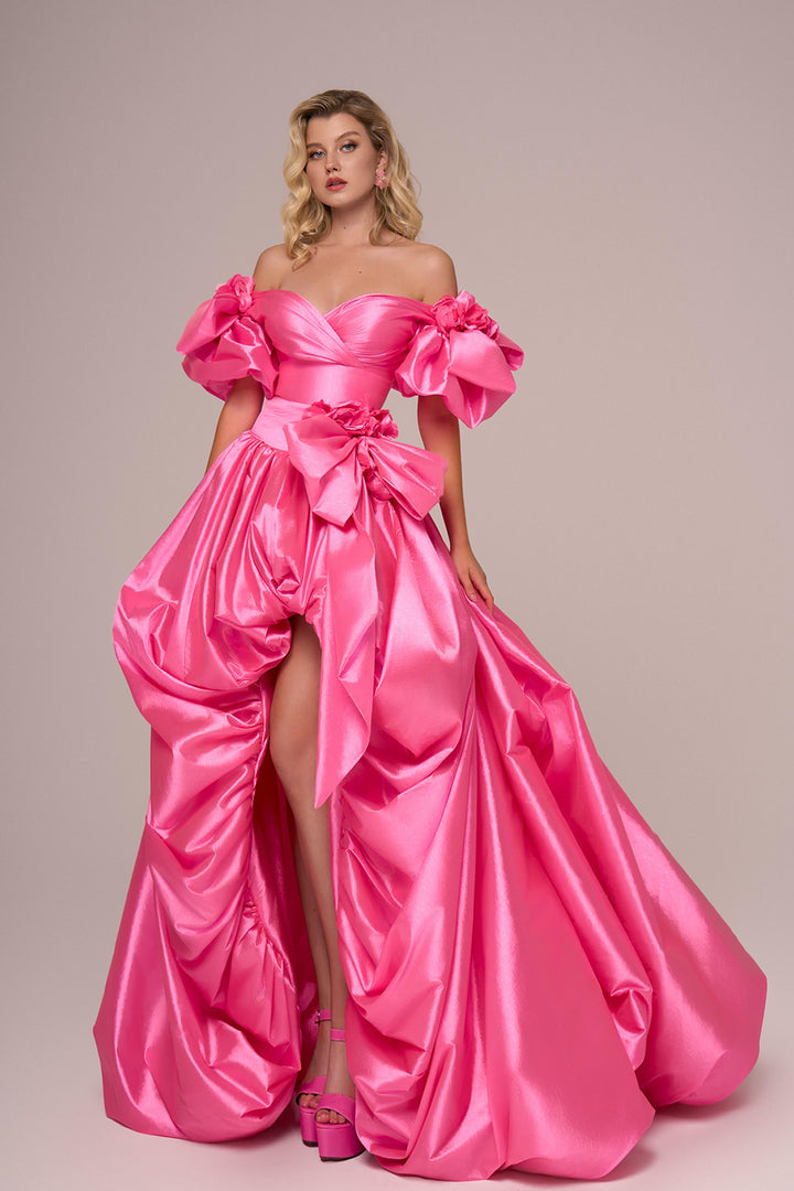 Curved-Shoulder Satin A-Line Dress