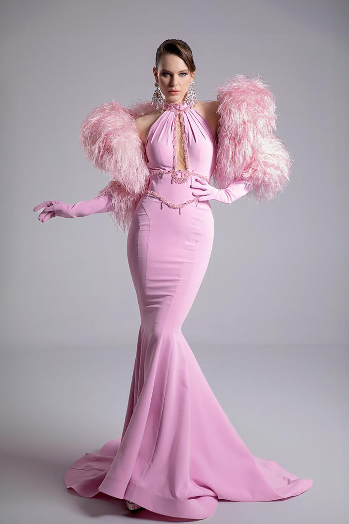 Mermaid Dress with Feather-Cape Sleeves