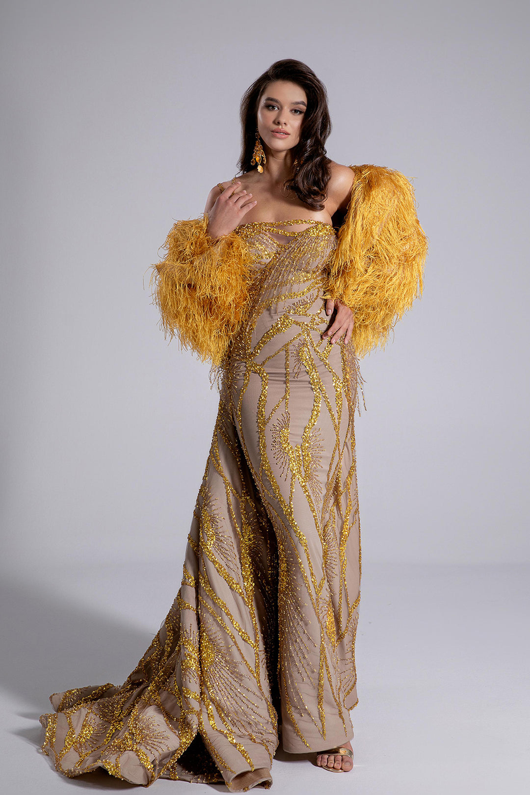 fouad sarkis gold dress Fouad Sarkis F02990 Liquid Gold Jersey Ruched Gown
