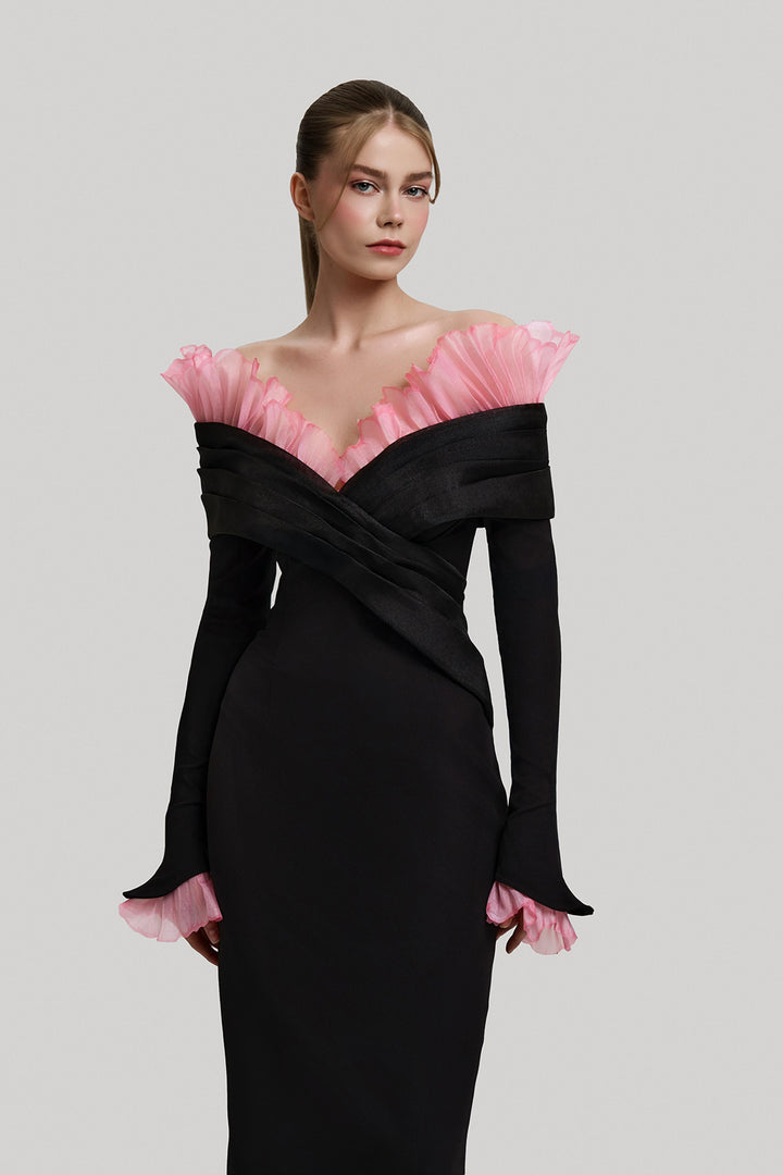 One-Shoulder Crepe Dress with Edges