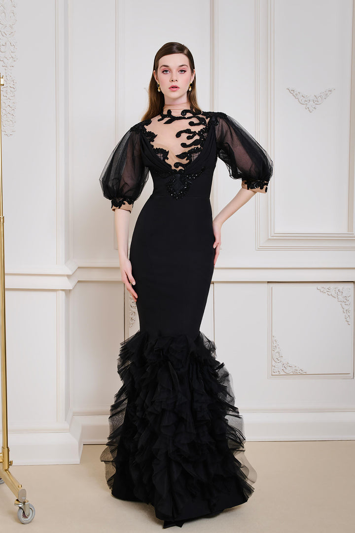 Mermaid Dress with Embroidered Illusion Neckline