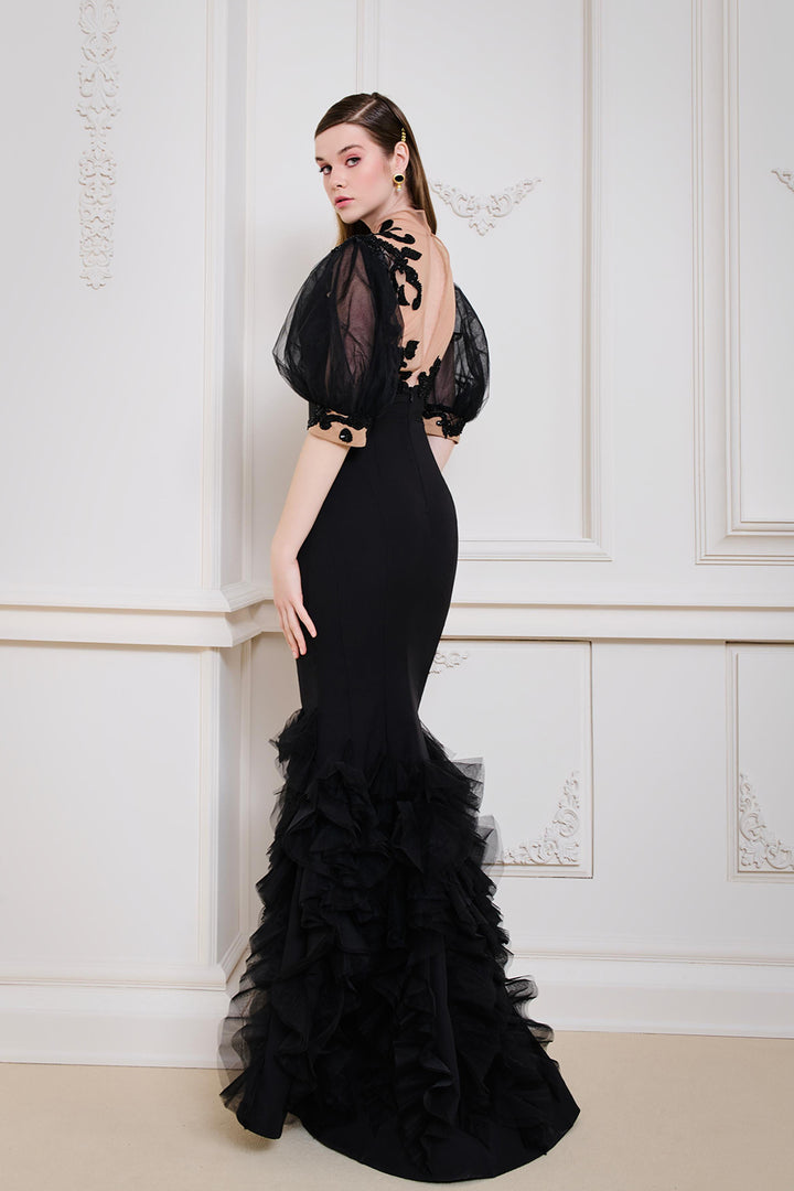 Mermaid Dress with Embroidered Illusion Neckline