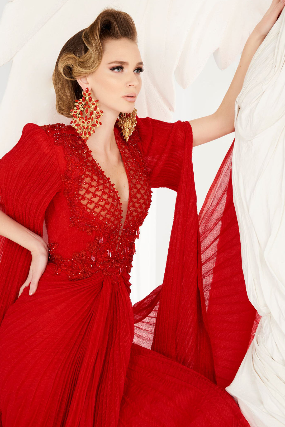 Plunging-V Tulle Cape Dress