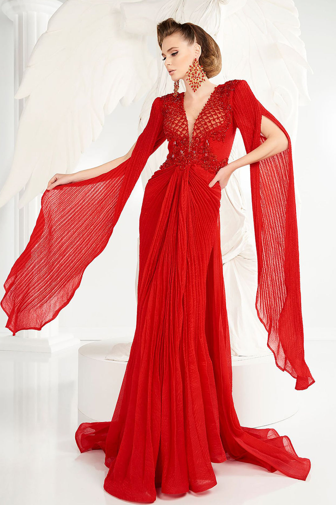 Plunging-V Tulle Cape Dress