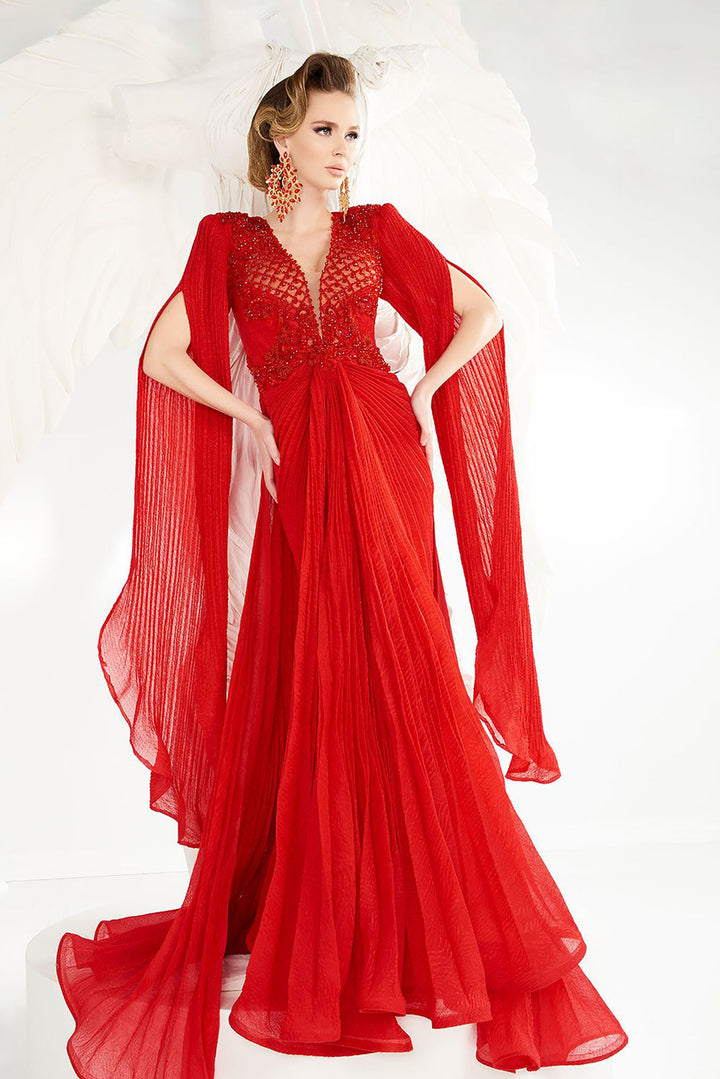Plunging-V Tulle Cape Dress