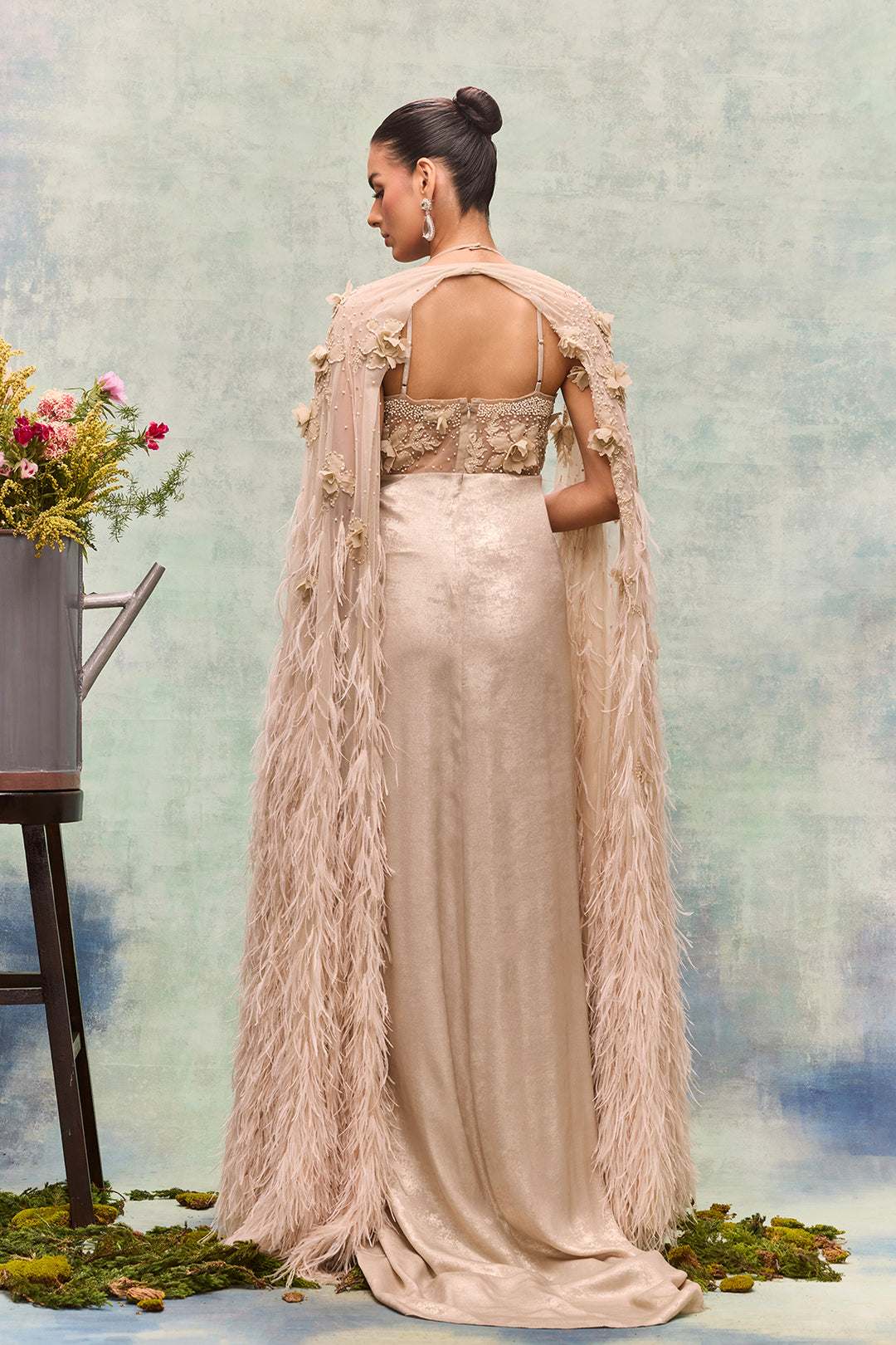 A-Line Dress with Feather Cape Champagne / US 2 A-Line Dress with Feather Cape Champagne / US 2