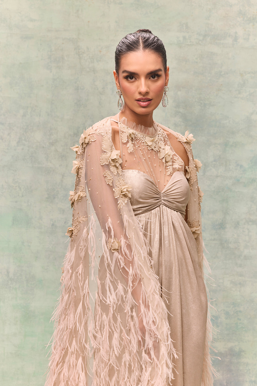 A-Line Dress with Feather Cape