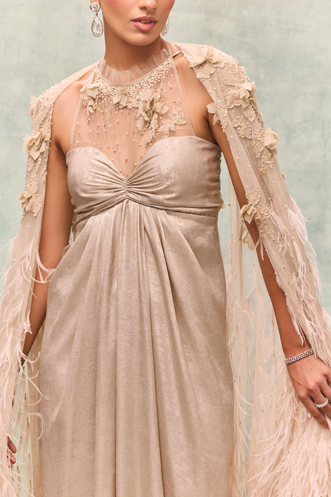 A-Line Dress with Feather Cape